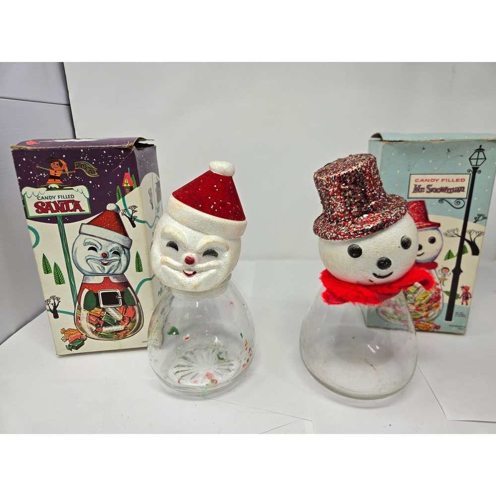 Vintage Flavour Candy Co Christmas Jars Santa Mr Snowman Glass Boxes MCM 2pc